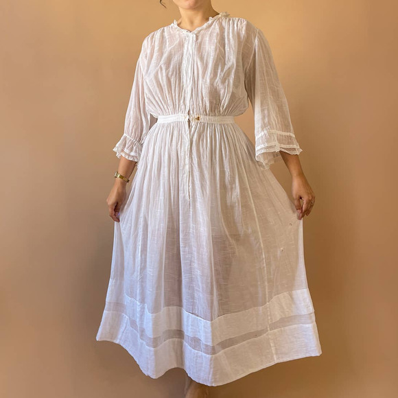 Antique White Long Sleeve Cotton Edwardian Lawn Dress 26-27w - Picture 6 of 13